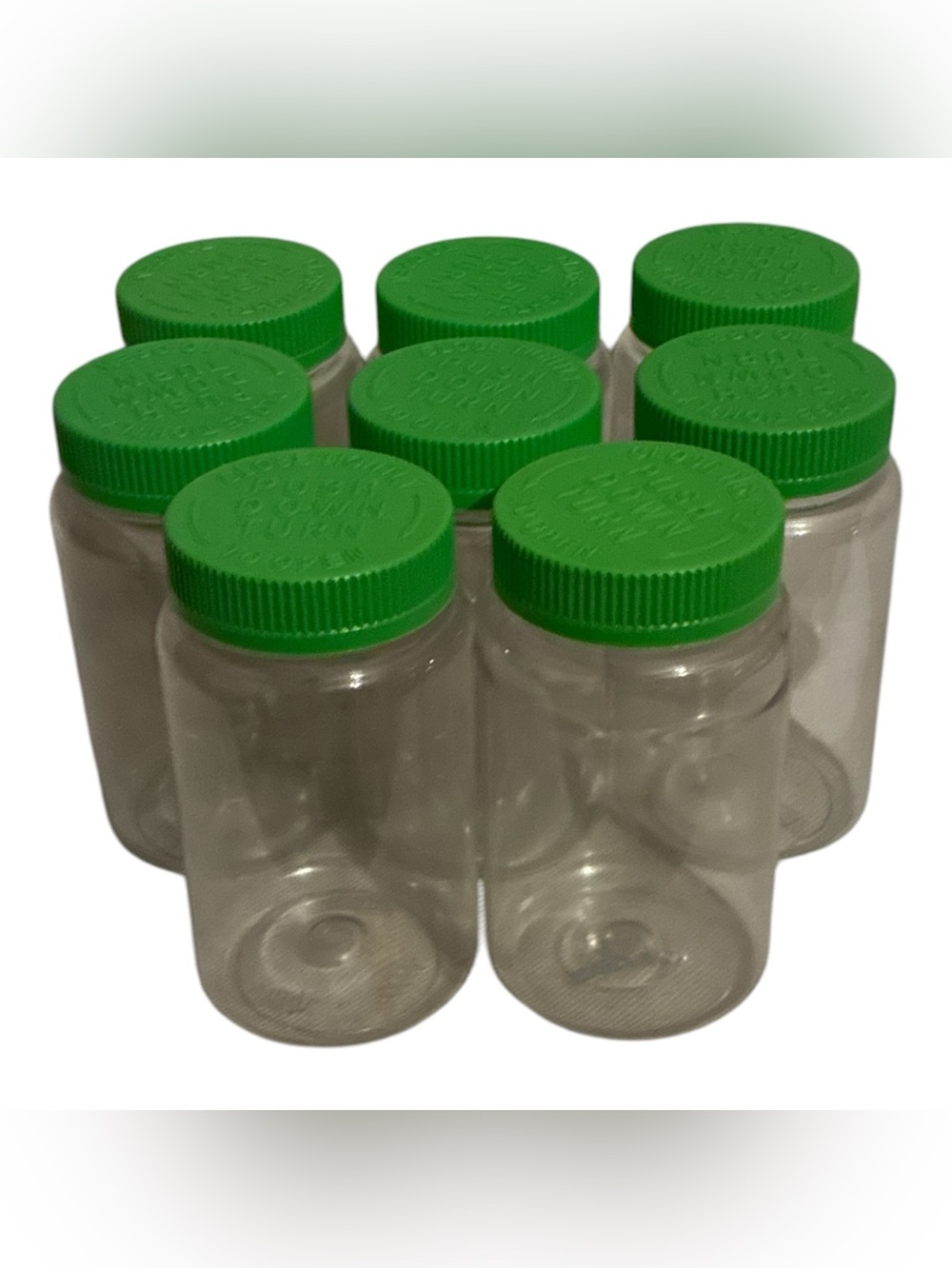8 Clear Plastic Containers Green Screw Lids Child Proof Empty Storage